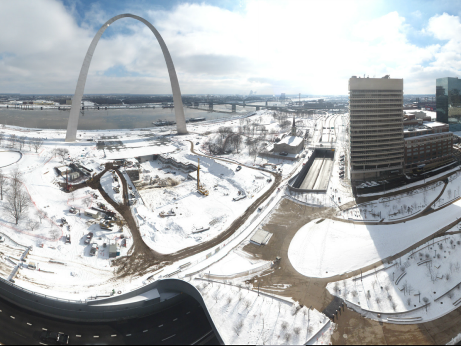 Panorama of CityArchRiver project construction on Wednesday, Jan. 20, 2016. Private and public funds are already transforming the Gateway Arch grounds and riverfront to be more connected, accessible, sustainable and vibrant.
