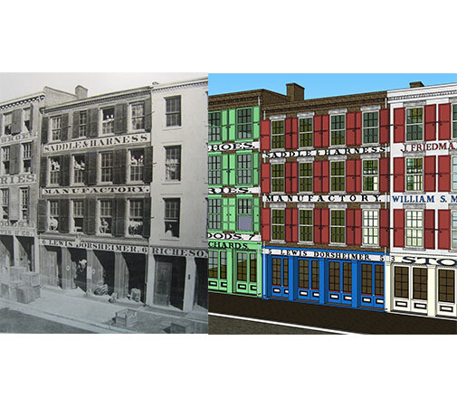 Historic photo of the St. Lois levee buildings. (black and white) and Model of levee buildings created in Sketch Up. (color)