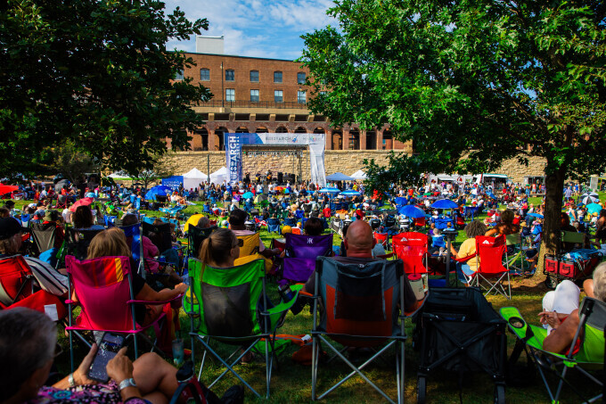 Crowd gathered in the North Gateway to watch Blues at the Arch