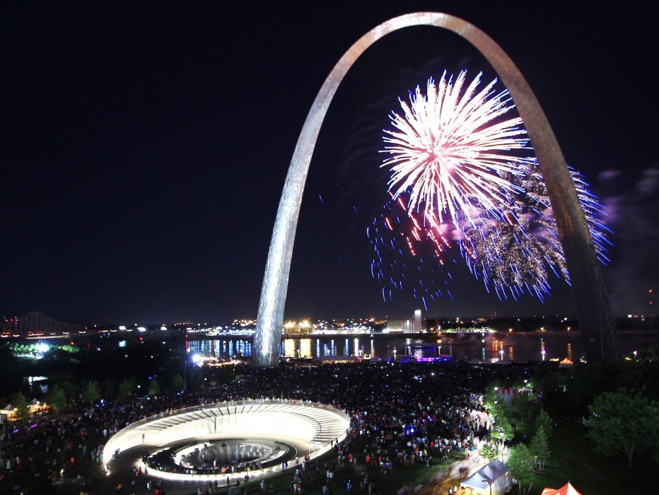 Gateway Arch at night with fireworks