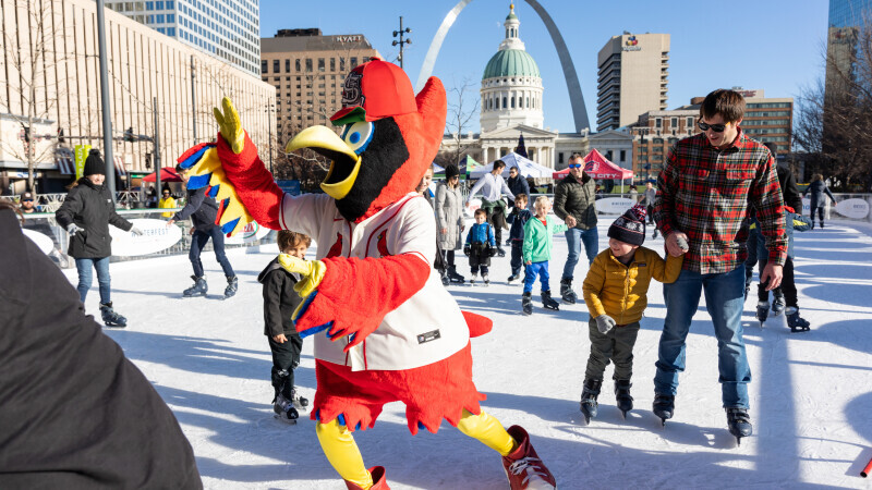 Fredbird ice skating at Winterfest