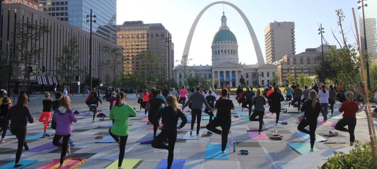The Gateway Arch Park Foundation hosts free, year-round yoga classes for all fitness levels